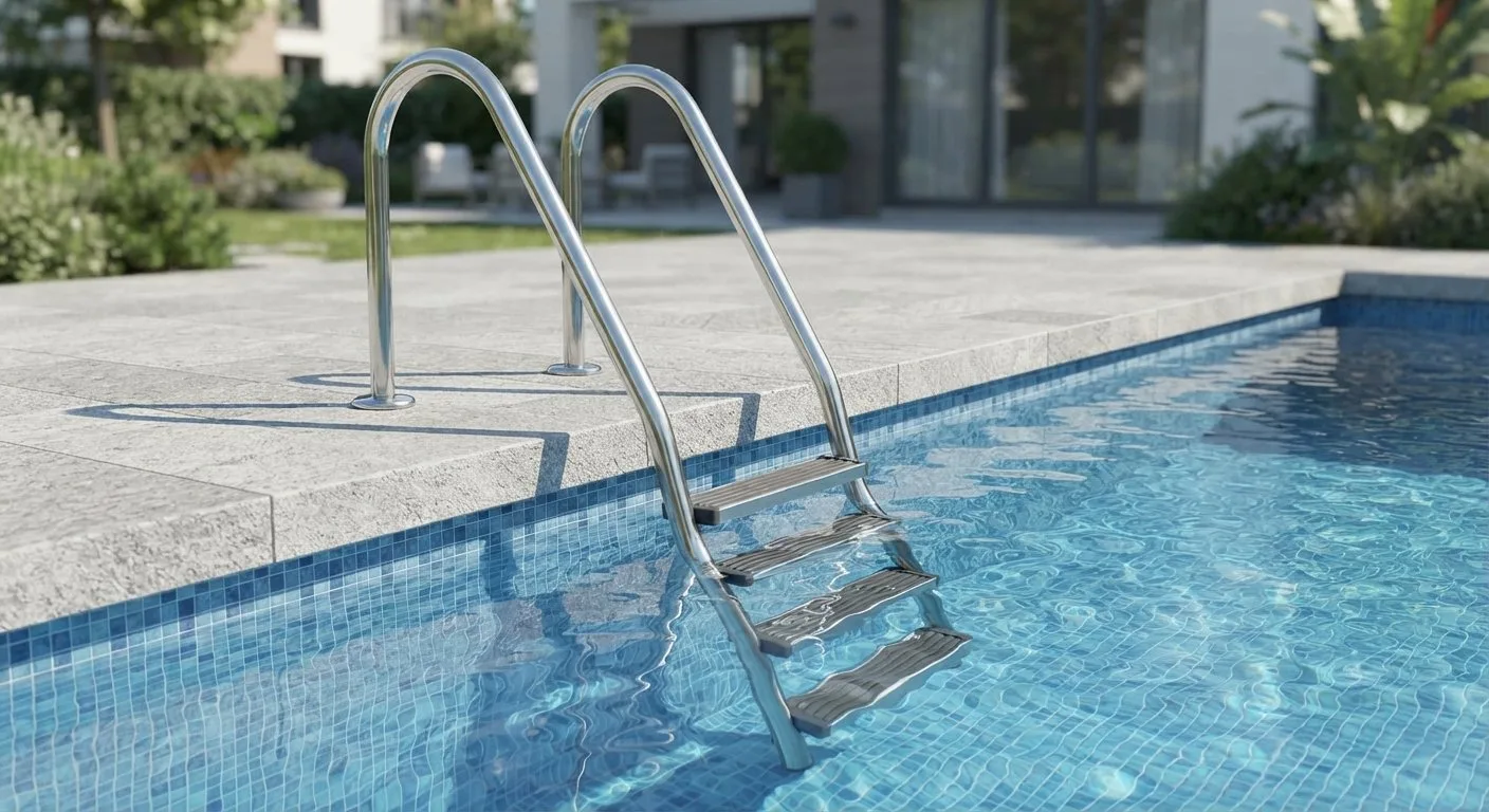 Edelstahl-Poolleiter am Beckenrand eines Einbaupools