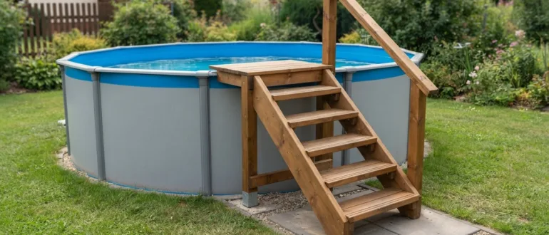 Selbstgebaute Holztreppe am Rand eines Aufstellpools im Garten