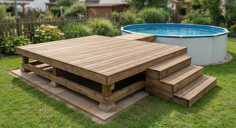 Pool-Podest mit integrierter Treppe als Sitz- und Einstiegsfläche