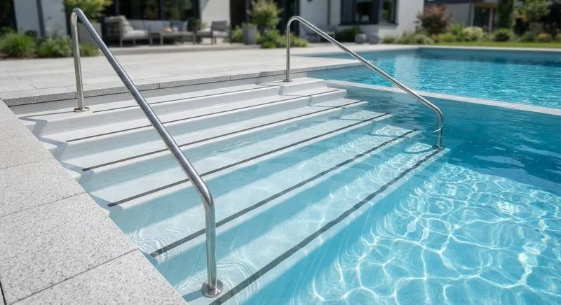 Breite GFK-Pooltreppe mit farblich abgesetzten Stufenkanten