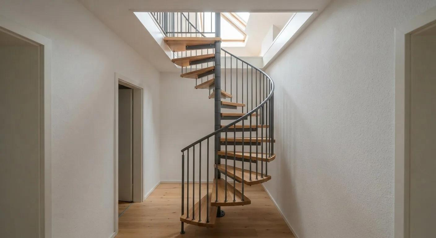 Feste Spindeltreppe als Zugang zu einem ausgebauten Dachgeschoss