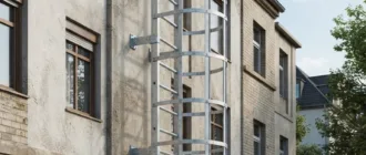 Fest installierte Steigleiter mit Rückenschutzkorb an einer Gebäudefassade