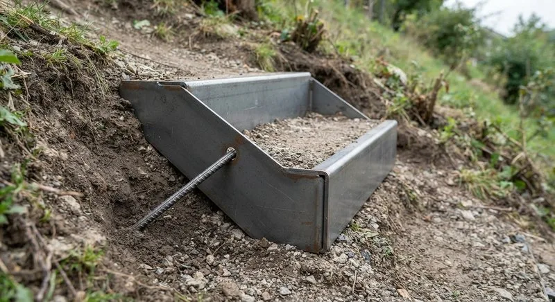 Metall-Hangstufe mit Moniereisen auf einem steilen Gartenhang