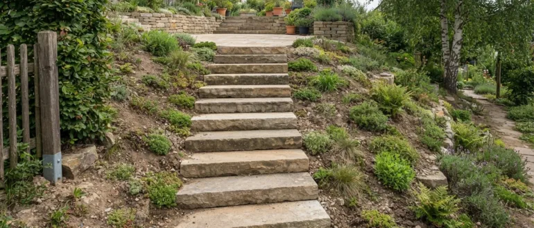 Stufen in einen Gartenhang gebaut, führen zu einer erhöhten Terrasse