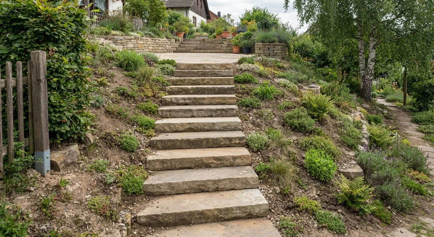 Stufen in einen Gartenhang gebaut, führen zu einer erhöhten Terrasse