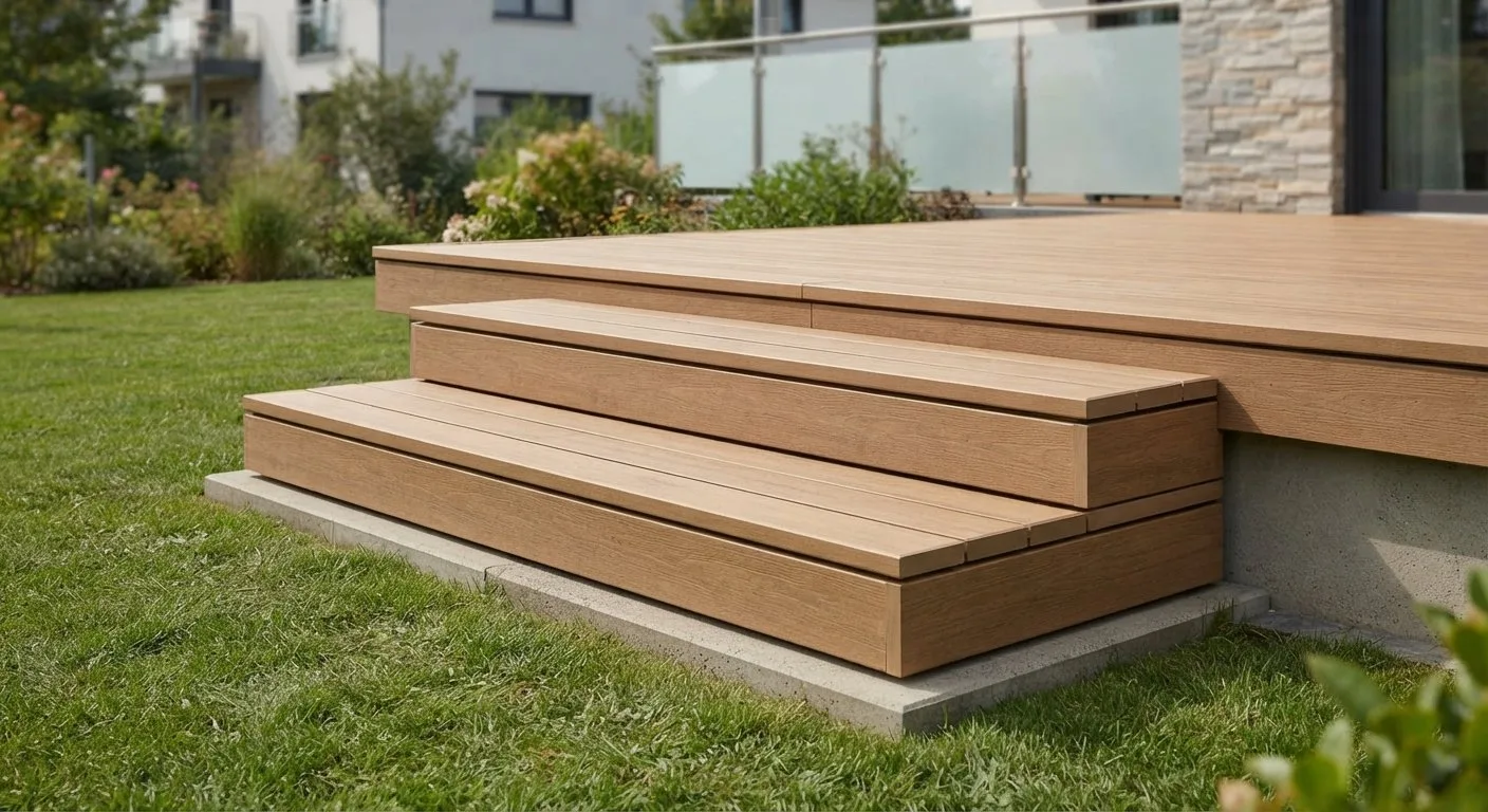 Terrassentreppe aus WPC mit zwei Stufen zum Garten