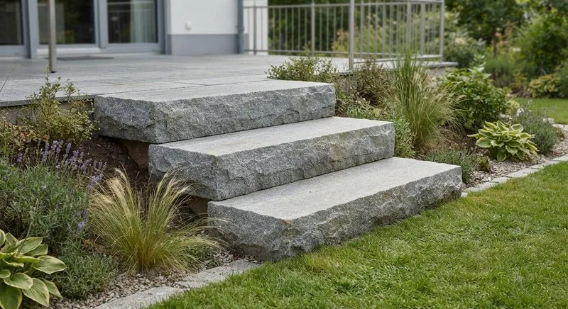 Terrassentreppe aus massiven Naturstein-Blockstufen im Garten