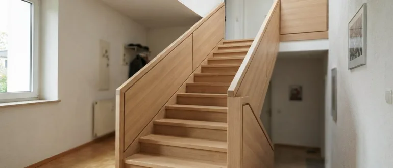 Treppengeländer mit heller Holzverkleidung an einer Innentreppe