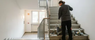 Professionelle Reinigungskraft wischt die Stufen in einem Treppenhaus