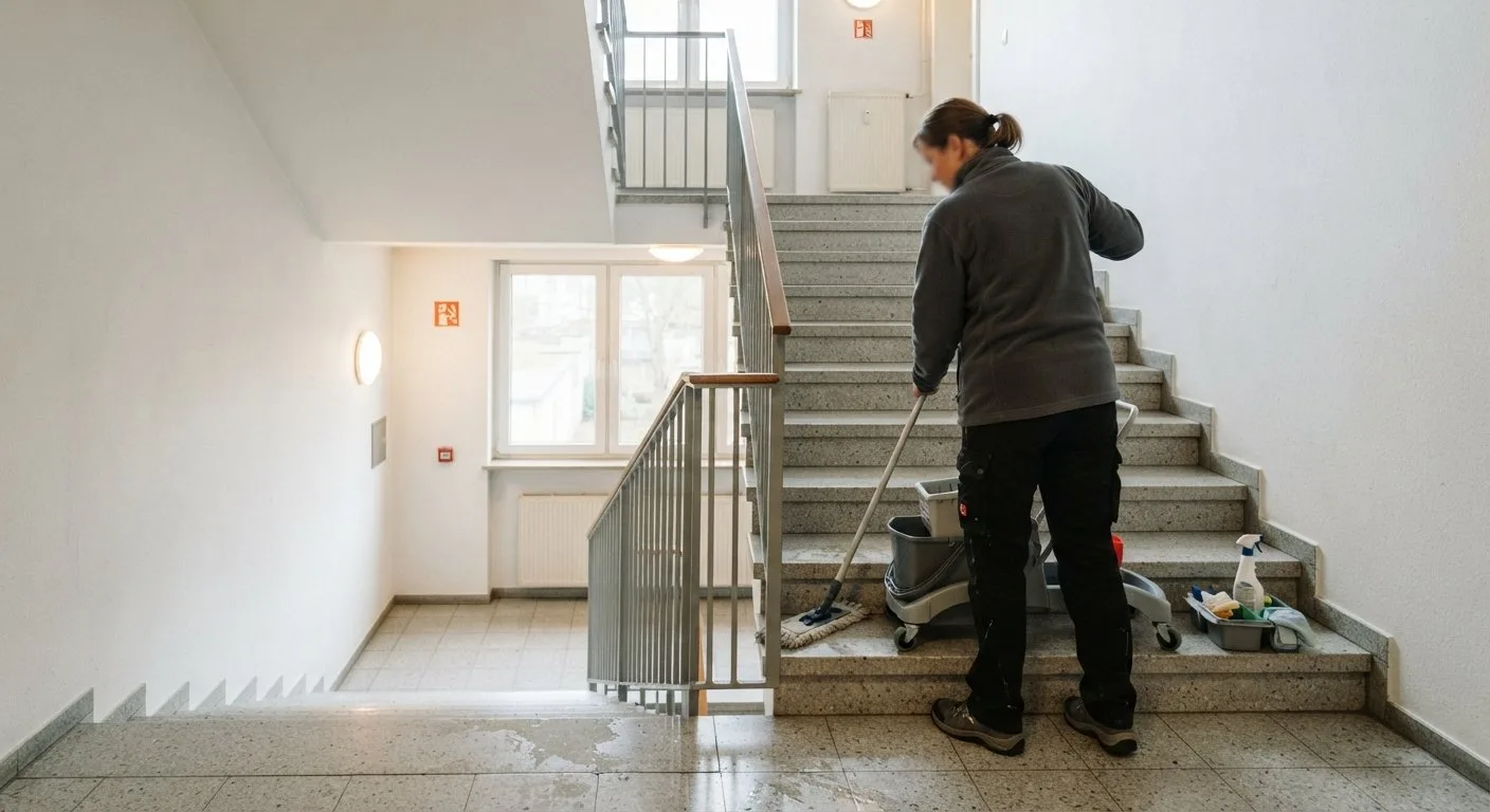 Professionelle Reinigungskraft wischt die Stufen in einem Treppenhaus