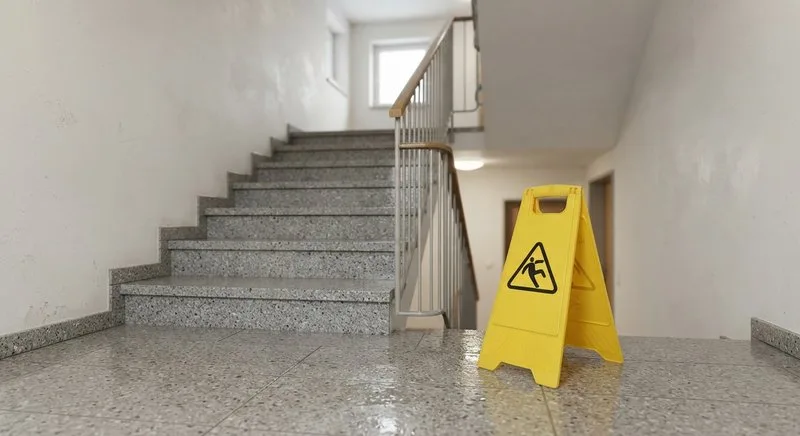 Warnschild "Vorsicht, nass" auf einer frisch gewischten Treppenstufe