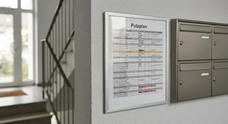 Ausgehängter Putzplan im Treppenhaus