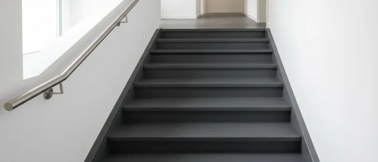 Frisch lackierte Holztreppe in mattem Anthrazit mit weißen Treppenhauswänden