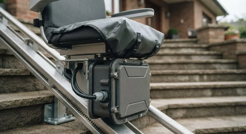 Nahaufnahme der wetterfesten Steuerungselektronik und Schutzhaube an einem Außentreppenlift