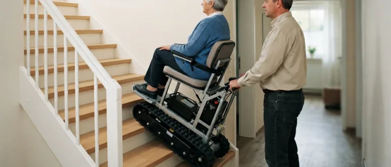 Begleitperson bedient einen Treppensteiger mit Rollstuhlfahrer auf einer Treppe
