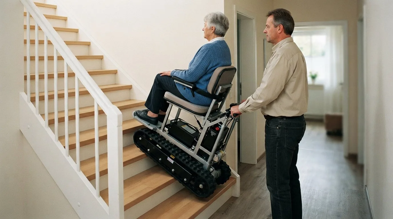 Begleitperson bedient einen Treppensteiger mit Rollstuhlfahrer auf einer Treppe