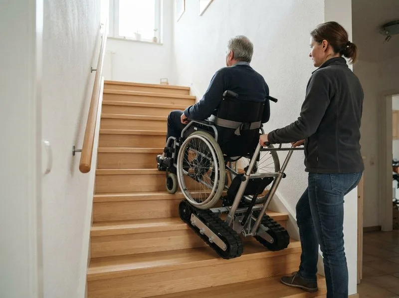 Treppensteiger-Kopplungsmodell direkt am Rollstuhl auf einer Treppe