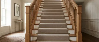 Treppe mit durchgehendem Treppenteppich und Treppenstangen