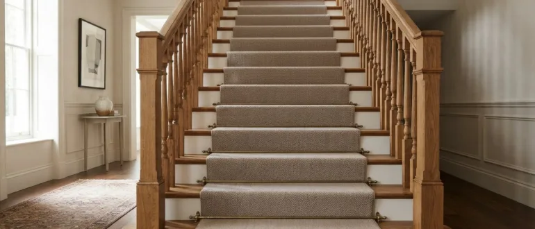 Treppe mit durchgehendem Treppenteppich und Treppenstangen