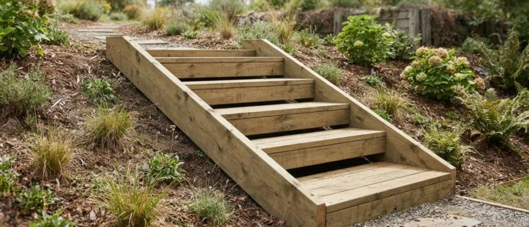 Treppenwangen aus Holz für eine Außentreppe im Garten