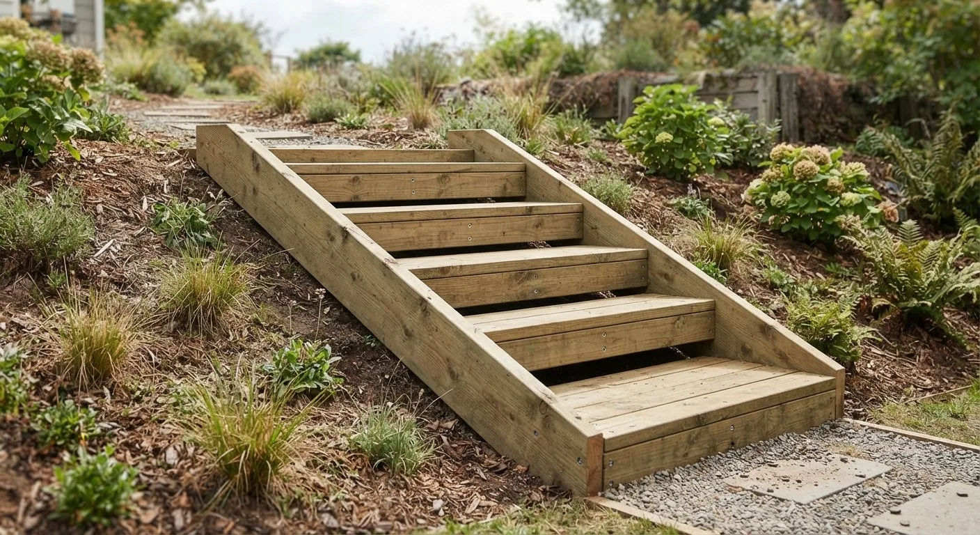 Treppenwangen aus Holz für eine Außentreppe im Garten