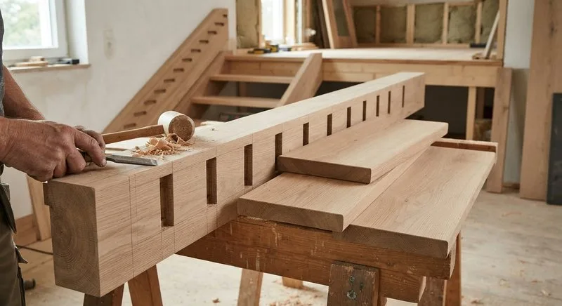 Eingestemmte Treppenwange mit sichtbaren parallelen Kerben für die Trittstufen