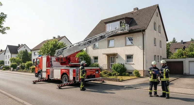 Feuerwehr-Drehleiter bei einer Anleiterprobe am Dachgeschoss eines Wohnhauses
